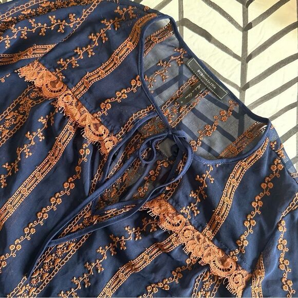 BCBGMaxazria Size S Navy and Orange Sheer Long Sleeve Layering Blouse - Picture 1 of 4